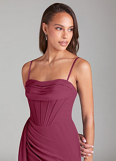 Azazie Amyra Bridesmaid Dresses Mulberry Sheath Off the Shoulder Chiffon Convertible Dress image2