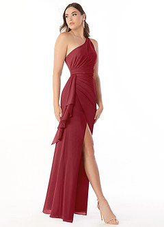 Azazie Maive Bridesmaid Dresses Pomegranate Sheath Pleated Ruffle Chiffon Dress image3