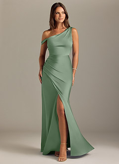 Azazie Madelyn Robes de demoiselle d'honneur Robe Sirène Convertible en Satin extensible Épaule décolletée Matcha image1