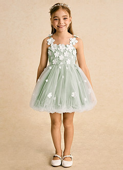Azazie Teacup Flower Girl Dresses Ivory Dusty Sage Ball-Gown Lace Tulle Dress image4