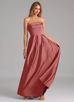 Azazie Lucienne 신부 들러리 드레스 A라인 스트랩리스 스트레치 새틴 바닥 길이 드레스 image5