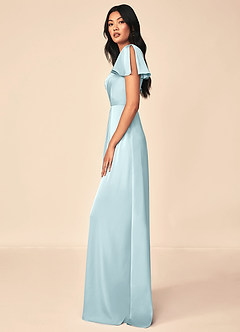 Azazie Soren Bridesmaid Dresses Cloud Blue A-Line Pleated Stretch Satin Dress image3