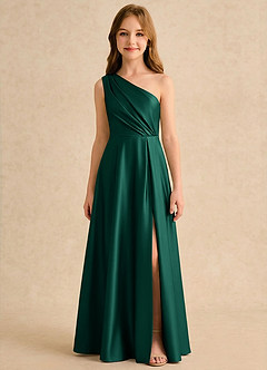 Azazie Puddles Girls Formal Robe Demoiselle D'honneur Fillette Robe Trapèze en Satin extensible Une épaule émeraude image6