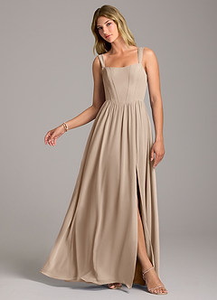 Azazie Rosaline Bridesmaid Dresses Taupe A-Line Side Slit Chiffon Dress image1