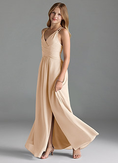 Azazie Farren Junior Vestido Alabastro Branco de Chiffon de Linha A com Plissado image4