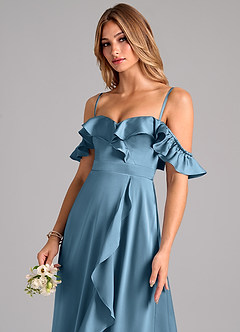 Azazie Lyra Bridesmaid Dresses Steel Blue A-Line Off the Shoulder Stretch Satin Convertible Dress image7