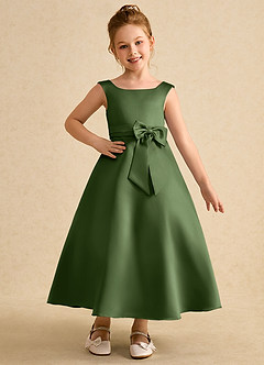 Azazie Eve Abiti da Ragazza di Fiori Abito A-Line in Raso Opaco Plissettato Oliva image1