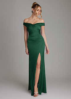 Azazie Teyana Bridesmaid Dresses Dark Green Sheath Off the Shoulder Stretch Satin Dress image1
