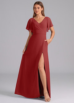 Azazie Ambrosia Bridesmaid Dresses Rust A-Line Pleated Chiffon Dress image3