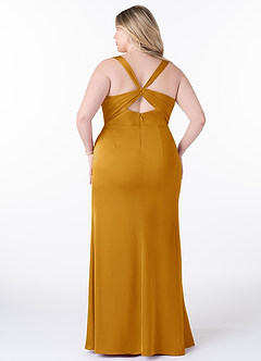 Azazie Mero Vestidos de damas de honor Vestido de Caramelo de Satén Elástico de Corte Recto con Plisado image7
