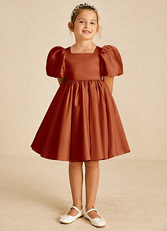 Azazie Muffin Flower Girl Dresses Paprika A-Line with Sleeves Matte Satin Dress image2
