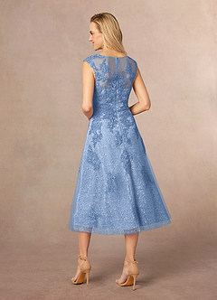 Azazie Flynn Mother of the Bride Dresses Steel Blue A-Line Boatneck Lace Tulle Dress image3