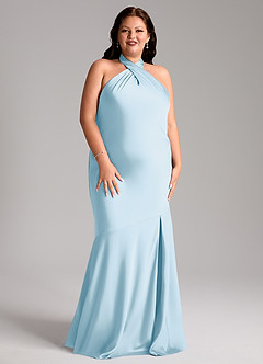 Azazie Lorena Vestidos de damas de honor Vestido de Azul Cielo de Satén Elástico de Corte Sirena con Plisado image9