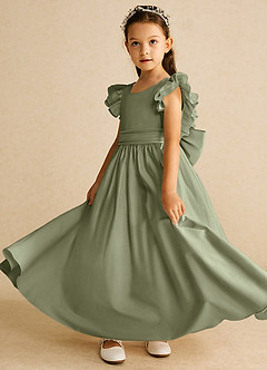 Azazie Piglette Flower Girl Dresses Pistachio A-Line Bow Matte Satin Dress image2