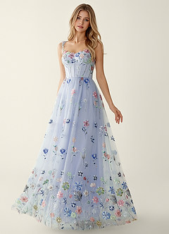 Irisqun Blue 3D Flowers Sequin Embroidery Beading Tulle Prom Dress image1