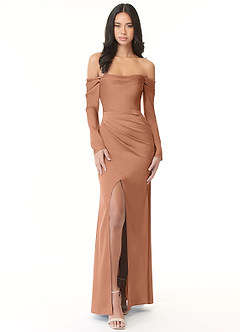 Azazie Hallie Robes de demoiselle d'honneur Robe Fourreau Convertible en Satin extensible Schulterfreies Langarmshirt Bronze image3