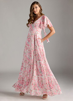 Azazie Kimber Bridesmaid Dresses Abstract Watercolor Floral A-Line Flounce Sleeve Chiffon Dress image6