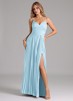 Azazie Vini Robes de demoiselle d'honneur Robe Trapèze en Satin extensible Plissée Bleu Ciel image1
