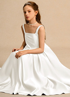 Azazie Mochi Girl Jurken voor bloemenmeisjes Baljurk Jurk van Mat Satijn Geplooid Ivoor image3