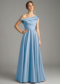Azazie Xanthe Bridesmaid Dresses Powder Blue A-Line Off the Shoulder Stretch Satin Dress image1