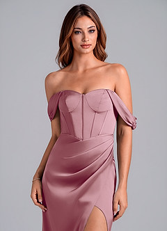 Azazie Asha Bridesmaid Dresses Vintage Mauve Sheath Off the Shoulder Stretch Satin Convertible Dress image5
