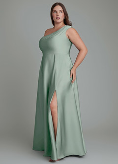 Azazie Melanie Robes de demoiselle d'honneur Robe Trapèze en Satin extensible Épaules dénudées Agave image11