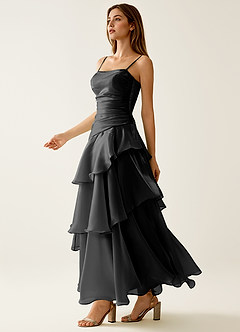 Nicola Noir Robe de bal trapèze en satin à volants image6