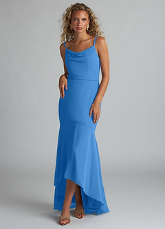 Azazie Summer Bridesmaid Dresses Blue Jay Mermaid Scoop Cowl Chiffon Dress image1
