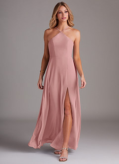 Azazie Bailey Brautjungfernkleider A-Linie Halter Seitenschlitz Chiffon Kleid Altrosa image4