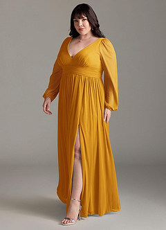 Azazie Norah Bridesmaid Dresses Butterscotch A-Line V-Neck Long Sleeve Chiffon Dress image11