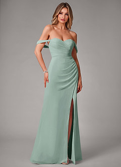 Azazie Haisley At-home Try On Dresses Agave Sheath Off the Shoulder Chiffon Convertible Dress image3
