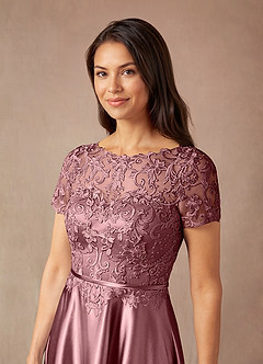 Azazie Adina Mother of the Bride Dresses Vintage Mauve A-Line Lace Metallic Satin Dress image6