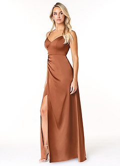 Azazie Marchella Bridesmaid Dresses Copper A-Line Corset Stretch Satin Dress image4