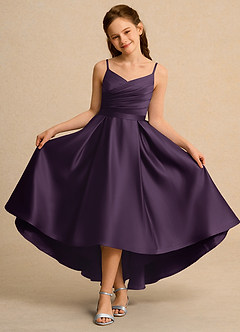 Azazie Sweets Junior Formal vestidos de niña de las flores Vestido de Ciruela de Satin Mate de Corte En A con Plisado image4