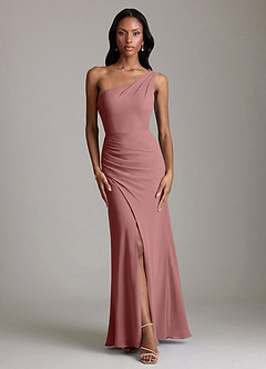 Azazie Madelyn Vestidos de damas de honor Vestido de Rosa Del Desierto de Gasa de Corte Sirena Convertible con Hombro unilateral image7