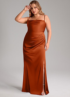 Azazie Leonis Robes de demoiselle d'honneur Robe Sirène Convertible en Satin extensible Plissée Orange Brûlée image12