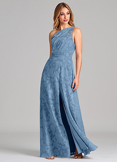 Azazie Phaedra 신부 들러리 드레스 A라인 한쪽 어깨 플로럴 번아웃 바닥 길이 드레스 image3