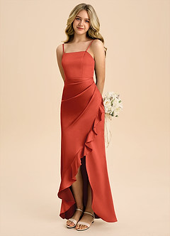 Azazie Buzzy Junior Rust Sheath Pleated Stretch Satin Dress image1