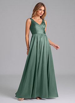Azazie Keyla Bridesmaid Dresses Eucalyptus A-Line Pleated Stretch Satin Dress image6
