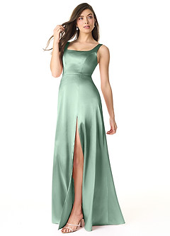 Azazie Joyce Bridesmaid Dresses Agave A-Line Side Slit Metallic Satin Dress image3