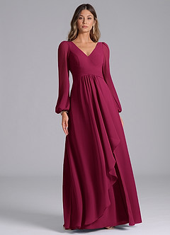 Azazie Liah Bridesmaid Dresses Burgundy A-Line Long Sleeve Chiffon Dress image3