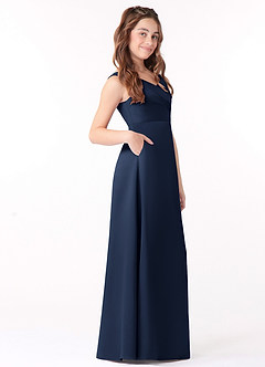 Azazie Sadia Junior Dark Navy A-Line Pleated Matte Satin Dress image2