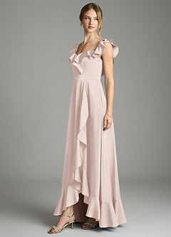 Azazie Lyra Bridesmaid Dresses Blushing Pink A-Line Off the Shoulder Stretch Satin Convertible Dress image4