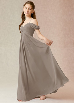 Azazie Kaitlynn Junior Taupe A-Line Off the Shoulder Chiffon Dress image3