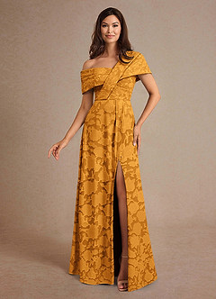 Azazie Milton Mother of the Bride Dresses Butterscotch A-Line Pleated Floral Burnout Dress image1
