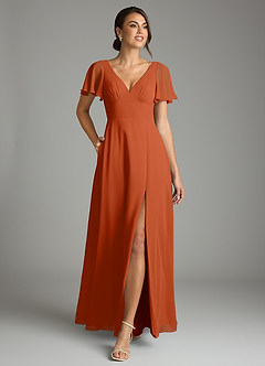 Azazie Kimber Bridesmaid Dresses Burnt Orange A-Line Flounce Sleeve Chiffon Dress image4