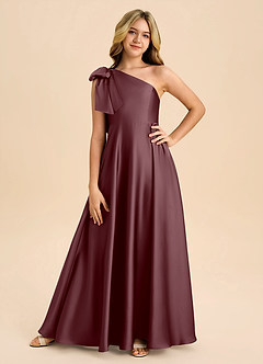 Azazie Penguin Junior Sangria A-Line Bow Stretch Satin Dress image3