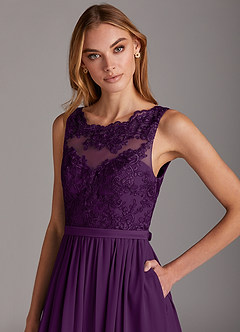Azazie Elly Bridesmaid Dresses Grape A-Line Lace Scoop Neck Chiffon Dress image6