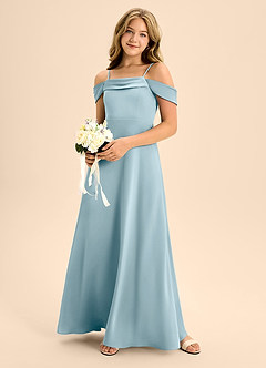 Azazie Anselie Junior Moody Blue A-Line Off the Shoulder Stretch Satin Dress image1