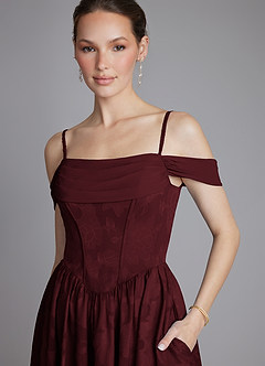 Azazie Raisa Bridesmaid Dresses Cabernet A-Line Off the Shoulder Floral Burnout Dress image3